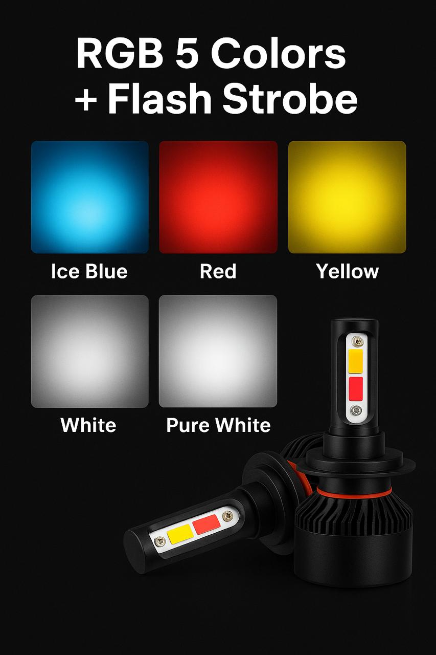 🚗 6-in-1 Multi-Color LED Car Headlight with Flasher – Stylish, Safe & Brightest